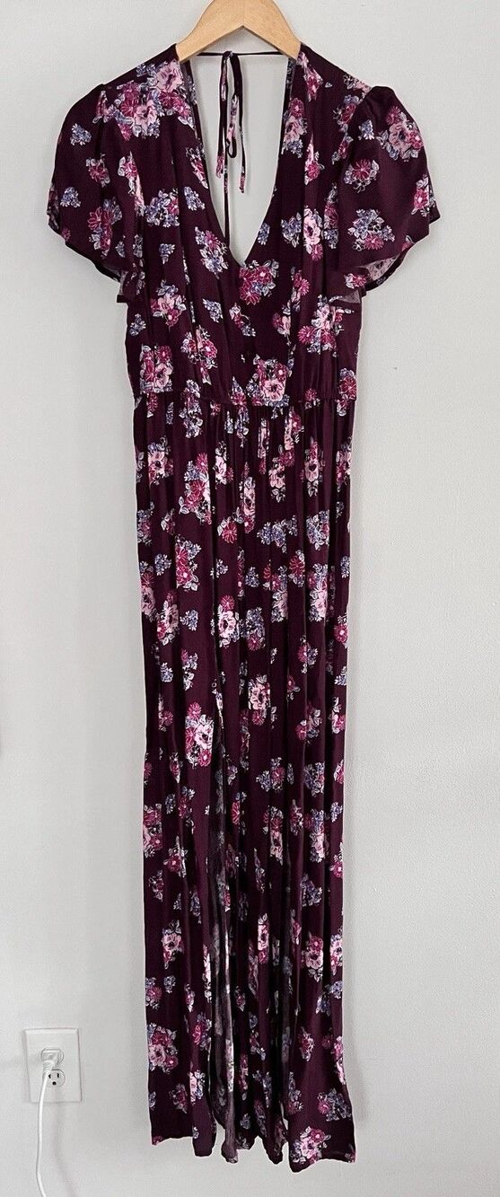 Women’s Three Pink Hearts M Burgundy Floral Long Dress Slits Flutter Sleeve ￼